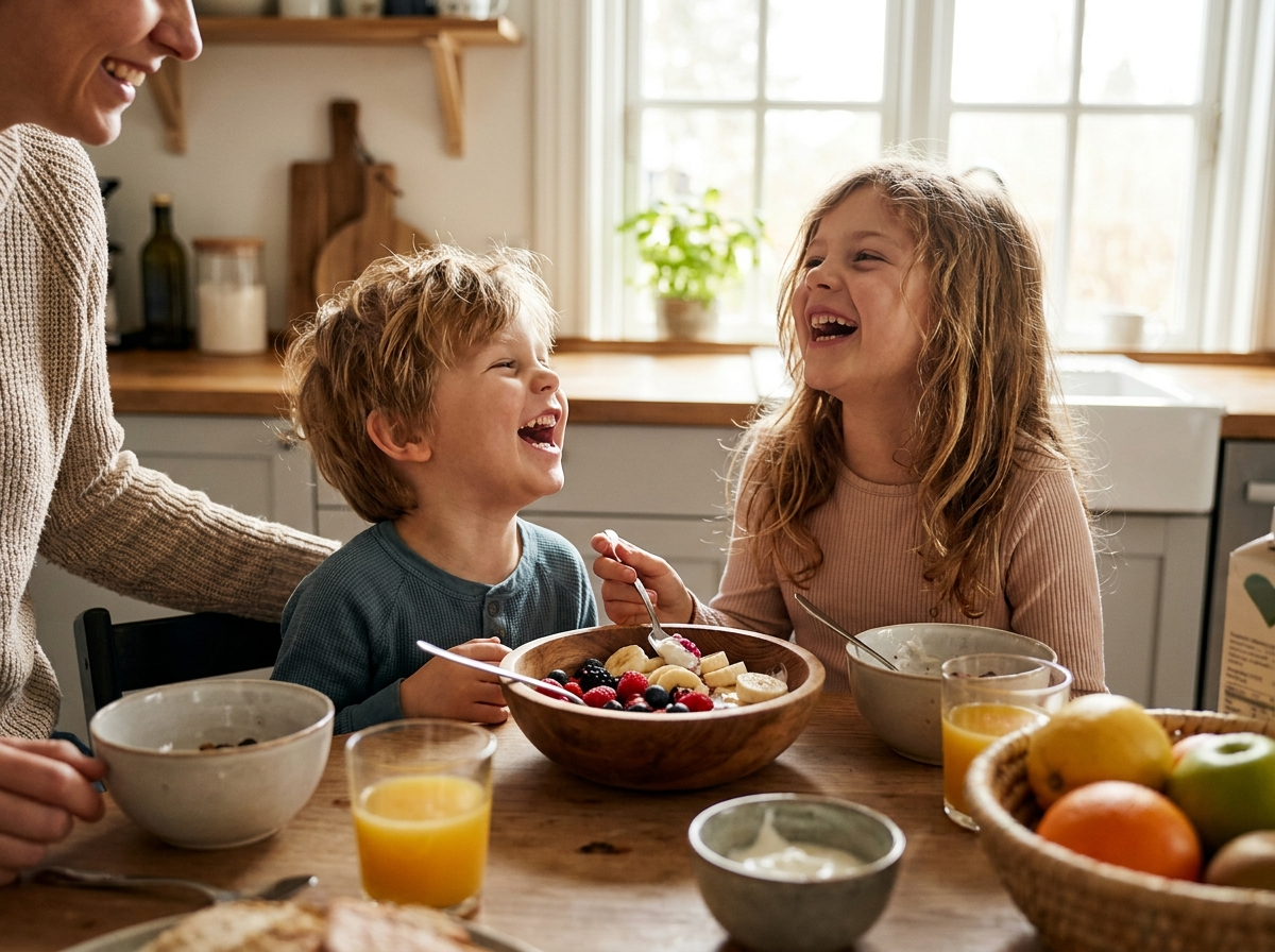 A family sharing a healthy breakfast in the kitchen.