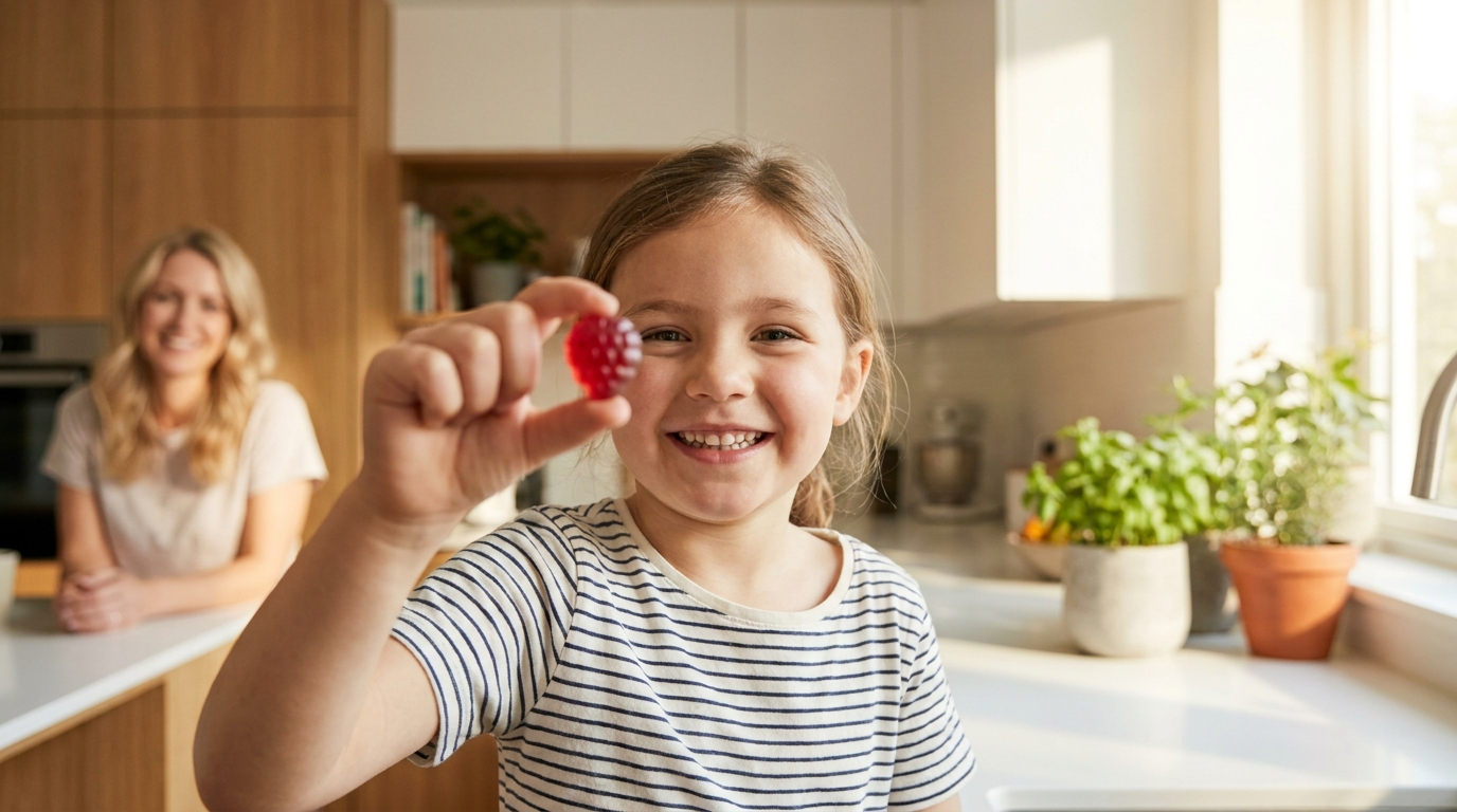 A young child holding a berry-flavored vitamin gummy in a bright kitchen.