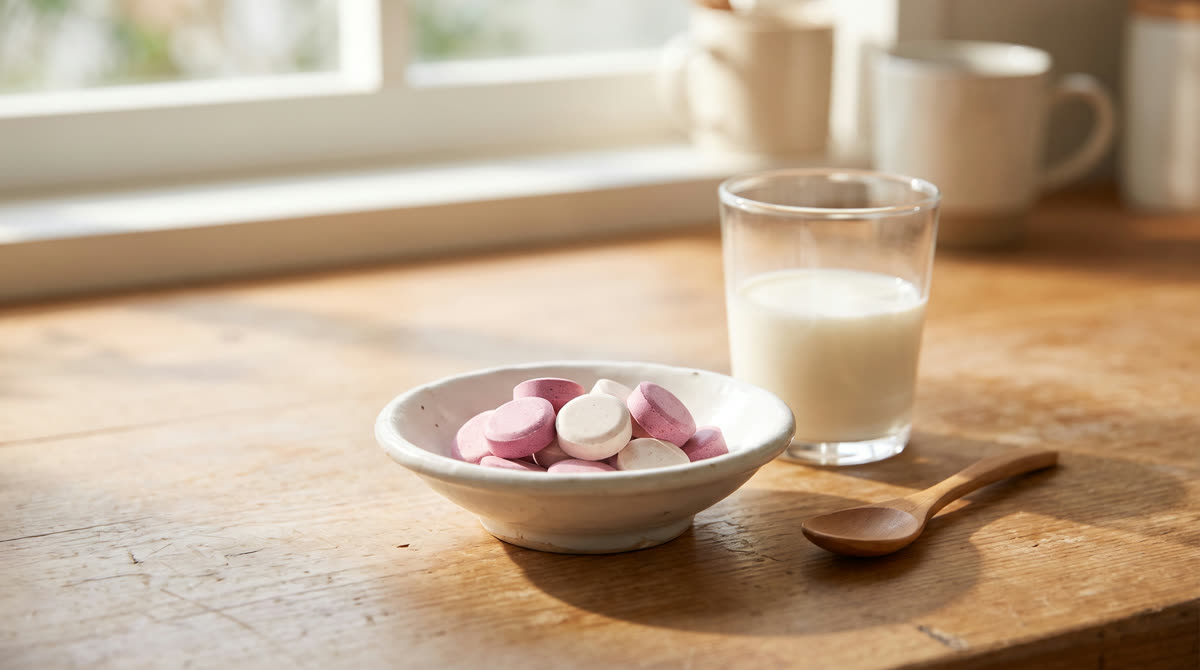 A small dish of chewable multivitamin tablets next to a glass of milk on a kitchen counter, part of a daily morning routine