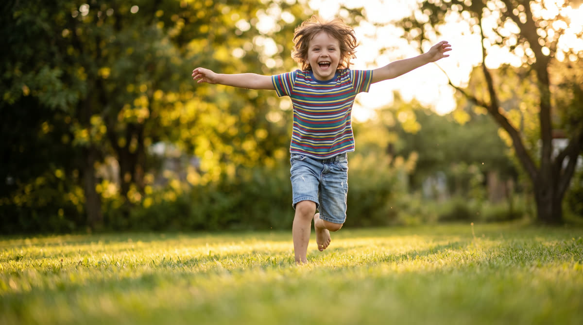 An energetic young child running and laughing outdoors in bright sunshine