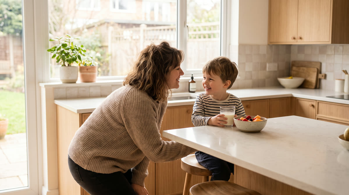 A mother and her young child smiling together in a bright kitchen in the morning
