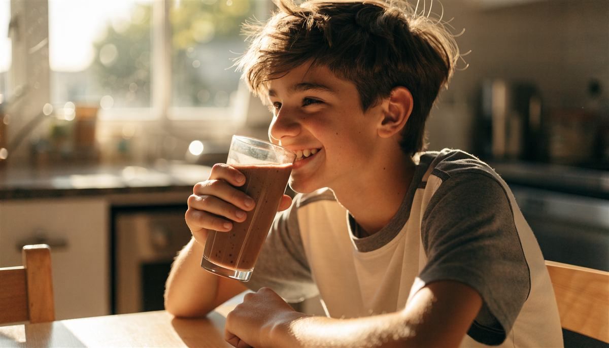A teenage boy smiling and drinking a chocolate protein shake at his kitchen table