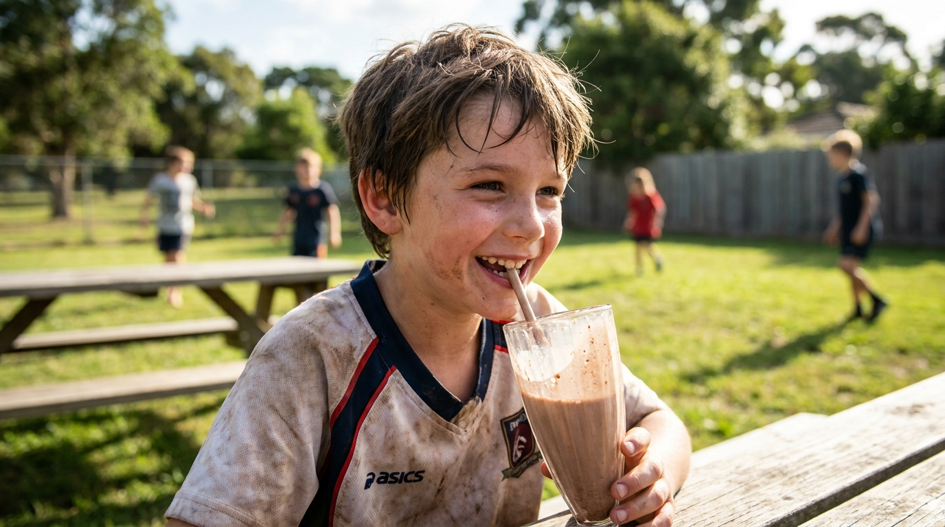 A boy drinking a chocolate growth shake after sports.