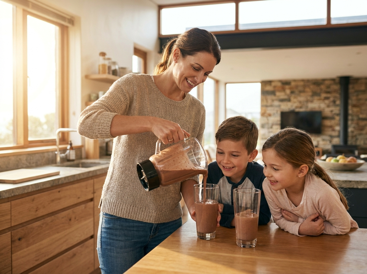 A parent pouring a growth shake for kids in the kitchen