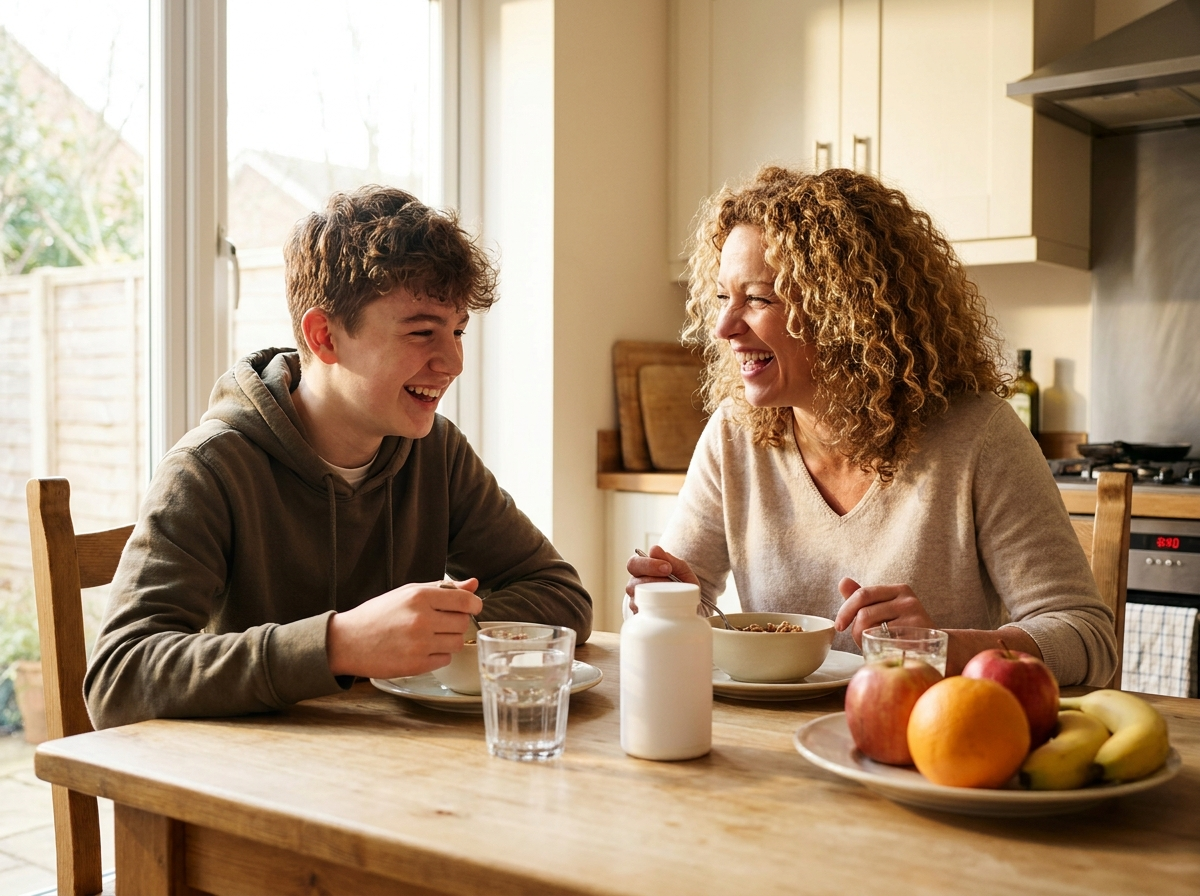 A parent and child sharing a healthy breakfast at the kitchen table.